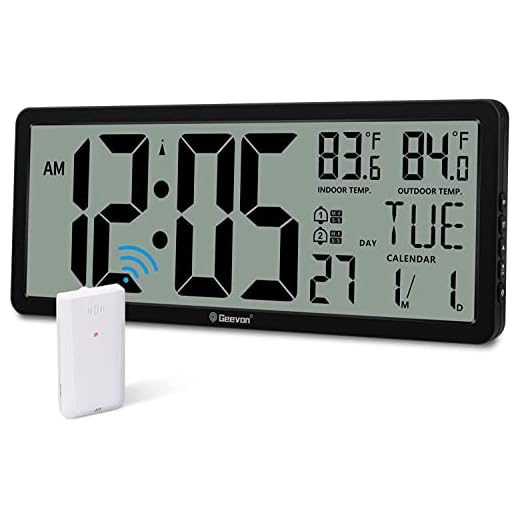 Geevon 14.3" Large Atomic Clock with Indoor Outdoor Temperature, Digital Wall Clock Battery Operated, Day and Date for Home Bedroom Office Elderly (1 Outdoor Sensor)
