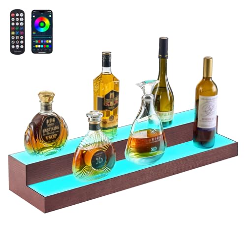 Image of VEVOR LED Lighted Liquor Bottle Display, 2-Tier 30-Inch Whiskey Rack, Support USB, Illuminated Home Bar Shelf with RF Remote & App Control, 7 Static Colors, Acrylic+ Wood Lighted Shelf for 15 Bottles