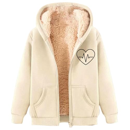 Generisch Veste à capuche pour femme avec doublure en peluche et imprimé cœur - Veste chaude en polaire Sherpa avec fermeture éclair - Veste douillette...