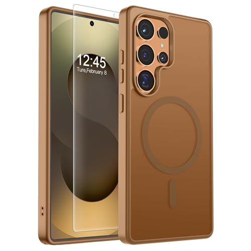 Image of SUPFINE Magnetic for Samsung Galaxy S25 Ultra Case with Screen Protector, (Built-in Magnets) (Military Grade Drop Protection) Slim Translucent Shockproof Phone Case,Brown