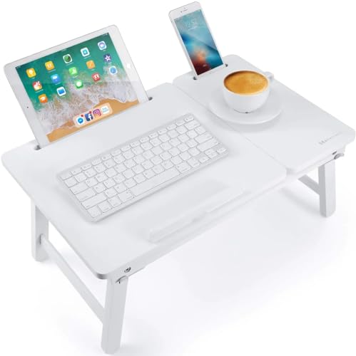 Image of VASIL MART A Versatile Laptop Table or lapdesk with a Spacious Working Area for Home That is Made of Solid Mango Wood and is adjustablefoldable, with Phone and Tablet Holder .(White)