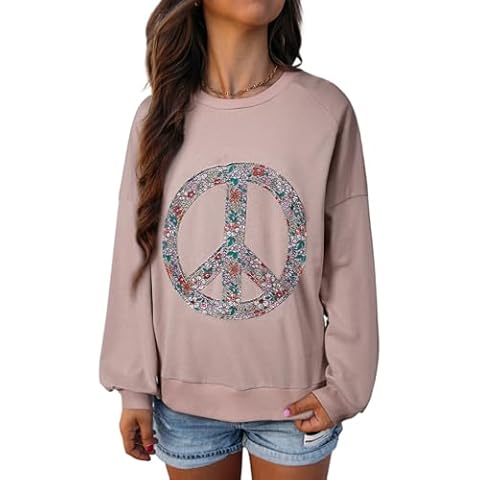 KevaMolly Womens Long Sleeve Tops Floral Peace Symbol Drop Shoulder Sweatshirt Crewneck Casual Pullover Top Goat XL Cover