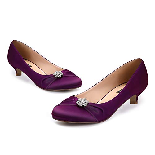 Image of ERIJUNOR Women Closed Toe Comfort Kitten Heels Rhinestones Satin Wedding Evening Dress Shoes