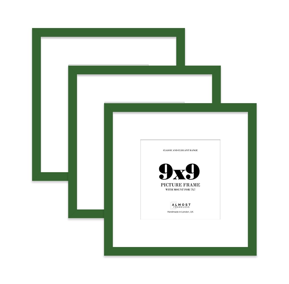9x9 Green Picture Frame with Mount for 7x7 Photos, Prints - Modern Square Wall Frame, Set of 3