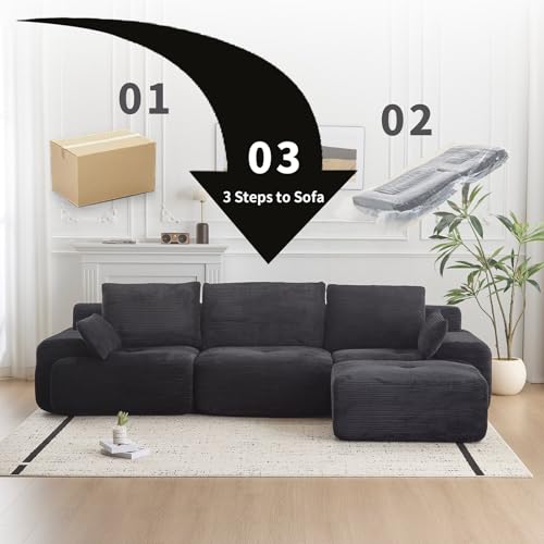 Image of L Shape Sofa Rearrangeable, Oversized Cloud Couch Sectional Modular Sofas with Detachable Ottoman, 4 Pillows and Deep Seat, Corduroy Boneless Couches Sets for Living Room, No Assembly Required, Black