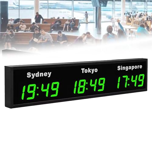 ZMJGLL Orologio da Parete con fusi orari mondiali, Orologio Digitale a LED con più fusi orari, Orologio da Parete Mondiale, per Hotel/aziende/aeroporti (Green 3City)