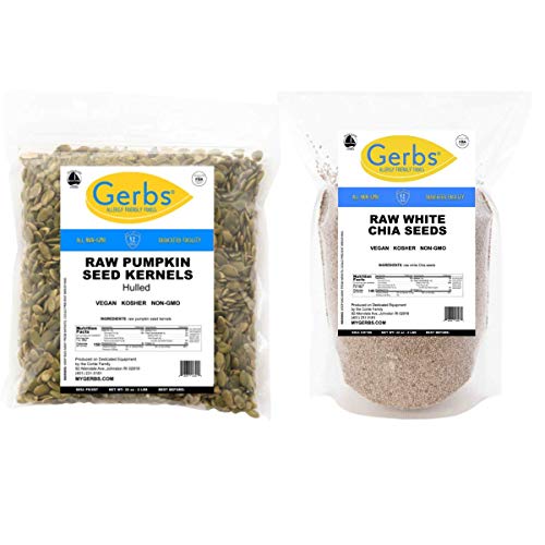 GERBS Raw Pumpkin & White Chia Seeds Variety Pack | 32oz Bag Raw Pumpkin Seed Kernels, 32oz Bag Raw White Chia Seeds, Top 14 Food Allergen Free, Non GMO, Vegan, Keto, Paleo Friendly