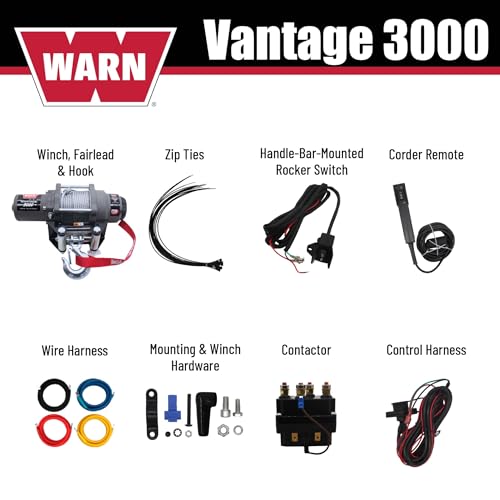 Image of WARN Vantage 3000 12V DC ATV /UTV Winch - 3000 lb Pull Capacity, 50 Ft 3 /16 inch Wire Rope, Roller Fairlead, Fully Sealed Motor, 3-Stage Planetary, Handlebar Mini Rocker & Corded Remote (108213)