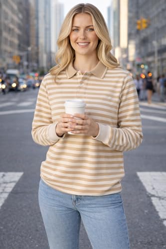 Image of Mack Jonney Women's Striped Polo T-Shirt | Full Sleeves | Collared Casual Cotton Tee | Regular Fit Top-M7372