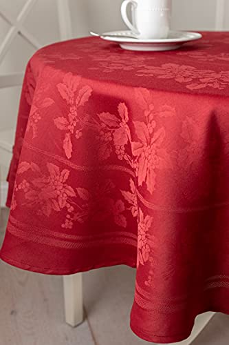 Image of Benson Mills Holiday Elegance Heavyweight Engineered Jacquard Fabric Table Cloth, Holiday, Winter and Christmas Tablecloth (Dark Red, 70 inch Round)
