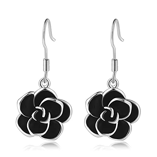 18K Rose Gold Plated Black Rose Flower Hook Earrings
