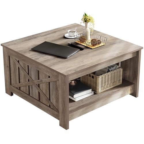 DWVO Square Coffee Table for Living Room, Farmhouse Coffee Table with Storage, 2-Tier Wood Coffee Tables Center Table with Half Open Storage Compartment, Rustic Grey