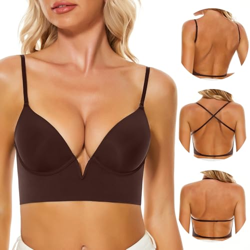 Women Low Back Bras-Invisible Backless Bra-Seamless Secret Plunge No Show Bra Multiway Low Cut Deep-V Halter Bras