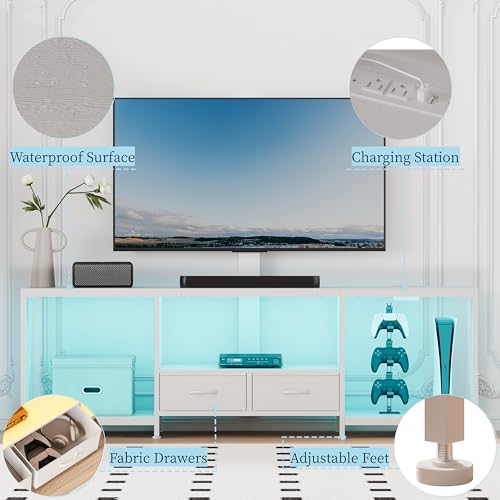 Image of 63 inch W TV Stand with Mount for 55,65,75 inch TV,Entertainment Center with Power Outlet and Led Lights,Height Adjustable TV Console Table with Open Storage Shelves and Fabric Drawers (White, 63 inch W)