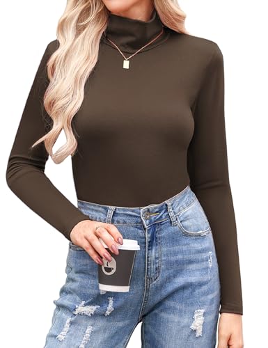 Aottori Camiseta Cuello Alto Mujer Manga Larga Básica Tops Elegante Algodón Cuello Vuelto Ropa Interior Ajustado Elástico Liso Ligero Túnica Shirts Marrón M