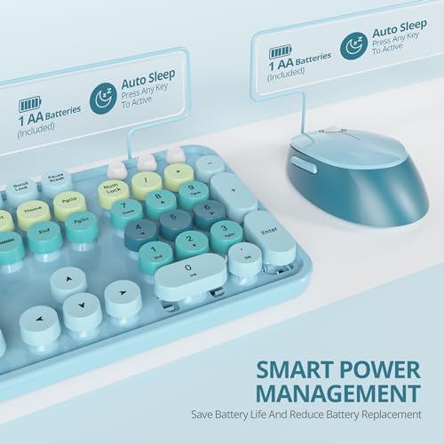 Image of Owpkeenthy Blue Keyboard and Mouse Wireless，Cute Typewriter Keyboard Wireless 2.4GHz Full-Size with Retro Round Keycaps for Desktop, Laptop and Computer(Coloful Blue)