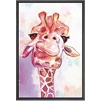 SIGNWIN Framed Canvas Wall Art Cute Nursery Baby Giraffe in Purple and Pink Animals Wildlife Oil Painting Modern Art Portrait Fun Pastel for Living Room, Bedroom, Office - 16