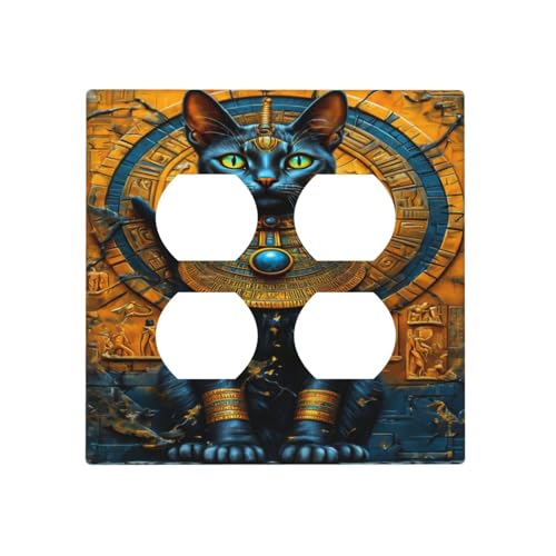 Decorative Outlet Covers Egyptian Black Cat Vintage Gold Decorated 2 Gang Wall Plate Cover Double Duplex Receptacle Two Switch Light Switch Cover Plate Jumbo Faceplate for Home Decor