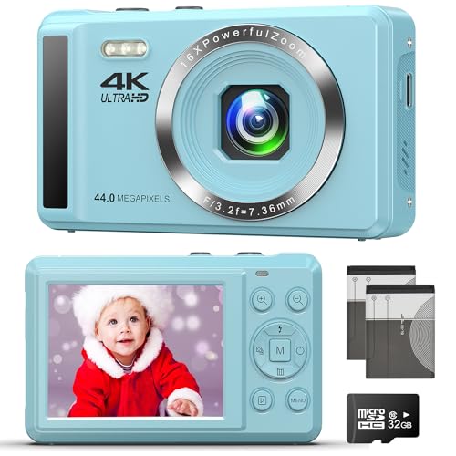 Cámara Digital 4K 44MP Vlogging Cámara con Zoom Digital 16X y Enfoque automático, cámara compacta Vintage Recargable, Regalo para Principiantes, niños y niñas, Estudiantes y Adultos