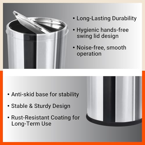 Image of Bathla Stainless Steel Swing Dustbin with Lid for Home, Office & Kitchen - 12 Litres | Swing Lid Trash Can | Durable & Rust-Resistant Garbage Bin