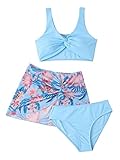 Verdusa Girl's 3 Piece Swimsuit Bathing Suit High Waist Bikini Sets with Cover Up Blue 12-13Y