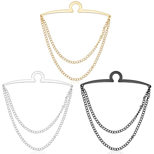 3 Pack Tie Chain for Men, Double Necktie Chains with Ring Clasps, Elegant Metal Tie Clips, Suit Accessories Men Business Jewelry for Suits, Business Wedding Accessories (Gold, Silver, Black)​