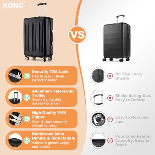 Image of Kono 3 Piece Luggage Set 20 /24 /28inch Hardshell Expandable TSA Locks, Black | Lightweight Suitcase ABS+PC Luggage Sets with Spinner Wheels, Perfect for Family Travel