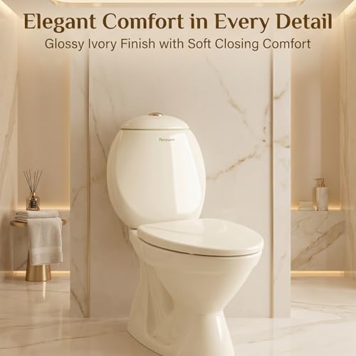 Image of ELEGANT CASA Polypropylene Soft Closing Toilet Seat Cover for Western Commode with Stable Hinges Cascade-Type Shape, Glossy Off-White /Ivory