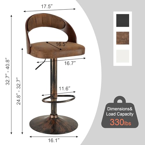 Butaco VECELO, Set de 2 taburetes de bar con respaldo de madera curvada, brazos y reposapiés, rotación 360°, altura ajustable para cocina y bar, asiento acolchado en cuero sintético PU, color marrón oscuro miniatura 2