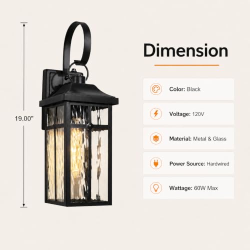 Image of 2 Pack Dusk to Dawn Outdoor Wall Lights, 19 inch Black | Exterior Wall Mount Light Fixtures with Water Ripple Glass, Waterproof Outside Wall Sconces for Garage Patio Entryway