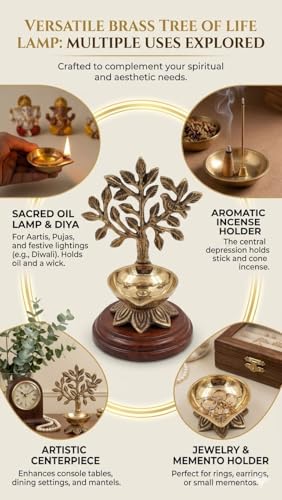 Image of Sotfamily 100% Pure Brass Kalpavriksha Diya for Puja, Tree of Life Brass Deepak for Mandir, Home Temple, Festive Decoration & Spiritual Decor