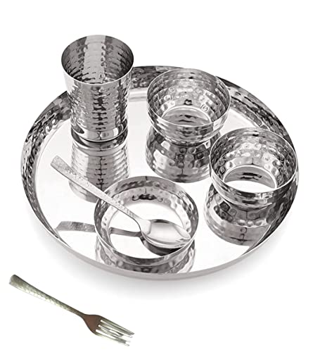 SILVESTER® Stainless Steel Designer Heavy Royal Hammered Finish Dinner Set of 7 PC’s, 1 Thali, 2 Bowl,1 Halwa Plate,1 Glass,1 Spoon & 1 Fork Spoon ( Pack of 7)-Silver