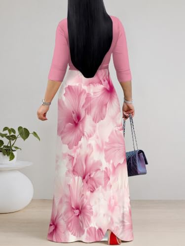 Image of PinkPatty Plus Size Maxi Dress for Women Casual V Neck 3 /4 Sleeve Boho Printed Long Dress with Pockets