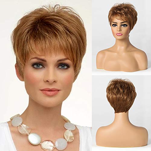 Emmor Short Golden Brown Human Hair Blend Wigs for Women,Natural Curly Hair Pixie Wig,Lightweight/Breathable/Soft (Color 30)