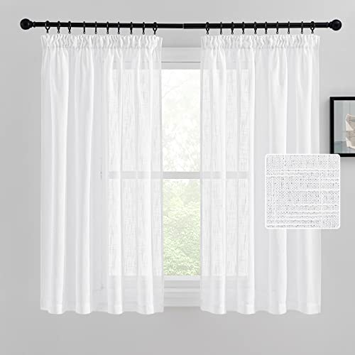 PONY DANCE Visillos Cortos para Ventanas Cortinas Blancas Dormitorio 2 Piezas Cortinas Translucidas con Aspecto de Lino Cortinas para Riel con Ganchos, 140x145CM, Blanco