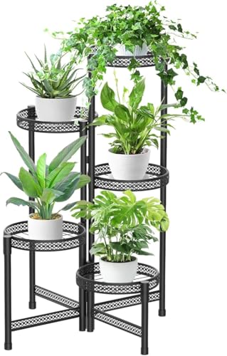 Image of Snazzy 5 Tier Metal Plant Stand for Indoor Outdoor, Foldable Corner Tall Plant Shelf Display Stand for Multiple Plants, Wrought Iron Flower Pot Holder for Living Room Balcony Garden Patio
