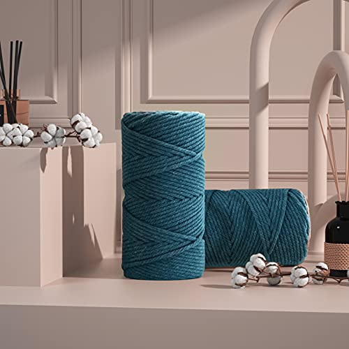 Image of ZUEXT Macrame Cord, Peacock Blue, 5mm x 109yds Cotton String Macrame Yarn | 100% Natural Handmade, 4 Strands Twisted Cotton Rope, For Wall Hanging Plant Hangers Gift Wrapping Tapestry DIY Crafts, 100m