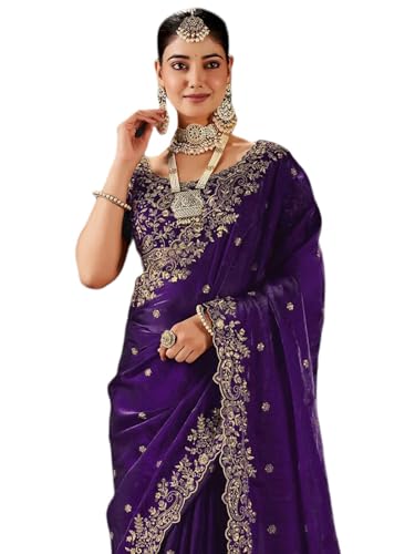 Image of SIRIL Women's Tissue Silk Sequence Embroidery Saree with Unstitched Blouse Piece