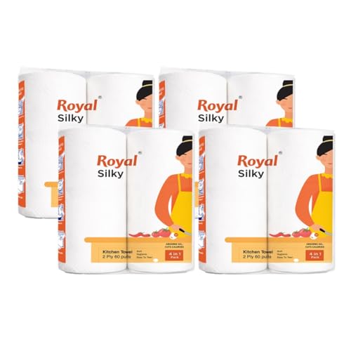 Image of Royal Silky Kitchen Tissue Rolls - 960 Pulls | 60 Kitchen Towels X 16 Rolls| 2-Ply Soft & Strong Kitchen Paper Towel | Highly Absorbent Disposable Kitchen Tissue | 4 rolls x Pack of 4