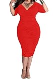 POSESHE Womens Plus Size Deep V Neck Wrap Ruched Waisted Bodycon Dress (XL, Red)