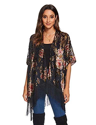 Image of MJ SERECA Women's Burnout Velvet Kimono Cardigan Cover Up with Tassel