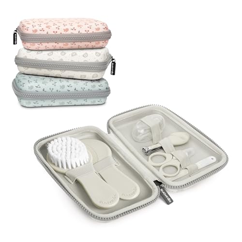 Suavinex, Neceser Set Manicura para Bebés, +0M, Kit Cuidado del Bebé con Cepillo, Peine, Cepillo Dental, Tijeritas, Lima y Cortaúñas. Neceser Impermeable con Cremallera, Gris