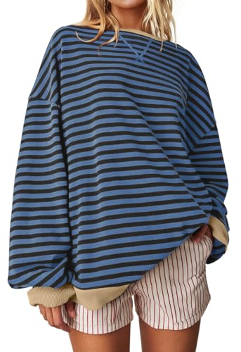 Image of UEU Women Oversized Striped Crewneck Sweatshirt Long Sleeve Color Block Pullover Tops Casual Loose Workout Shirt