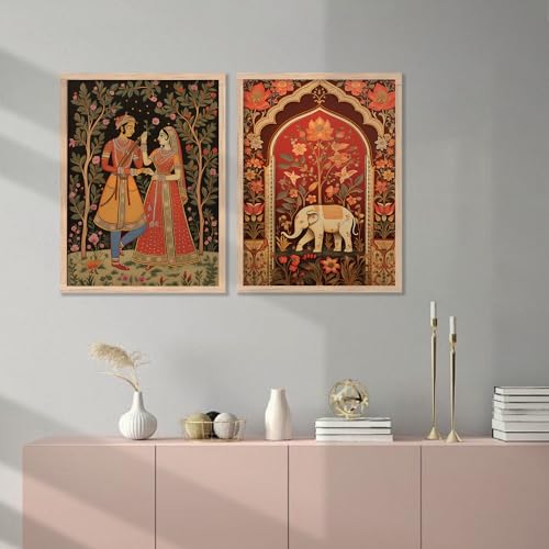 Kotart Madhubani Art Framed Painting For Home, Living Room, Hall | Traditional Rajasthani Pichwai Art Paitnings With Frame For Home Decor (Set Of 2) (Style10) - Paper