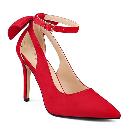 Image of COLETER Womens Back Bow D'Orsay Pumps Pointed Toe Ankle Strap Wedding Heels | 4 Inch Stiletto Heels, Adjustable Ankle Strap, Back Bow Pumps, Formal Evening Bridal Shoes