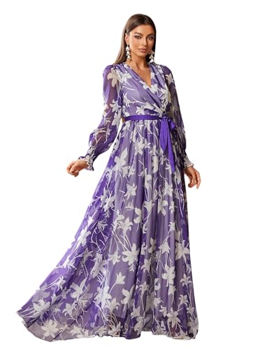 Image of TOLEEN Summer Casual Dresses for Women 2024 Spring Fashion Boho V Neck Long Sleeve Ruffle Floral Print Elegant Maxi Dress