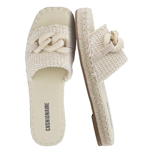 Image of CUSHIONAIRE Lucia Raffia Bow Espadrille Sandals for Women, Woven Straw Flat Slide Summer Sandals with Cushioned Footbed