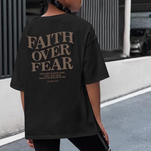 Image of Faith Over Fear Shirt Christian Jesus Tshirts for Girls Religious Inspirational Tees Bible Verse Tops for Kids 3-12