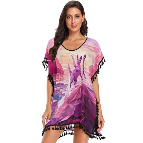 Pink Kangaroo Abstract Art Women's Beach Cover Up Chiffon Tassel Swimwear Swimsuit Coverups for Girl