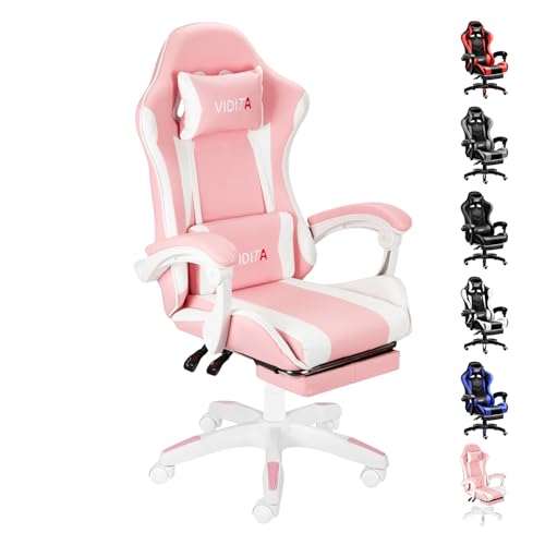 Ergonomischer Gaming Stuhl mit Fußstütze verstellbarer Gaming Chair mit Lendenkissen Kopfstütze & 135 Rückenlehne drehbarer Bürostuhl für Büro Homeoffice & Zocken mit Komfort Weiß & Rosa 150kg